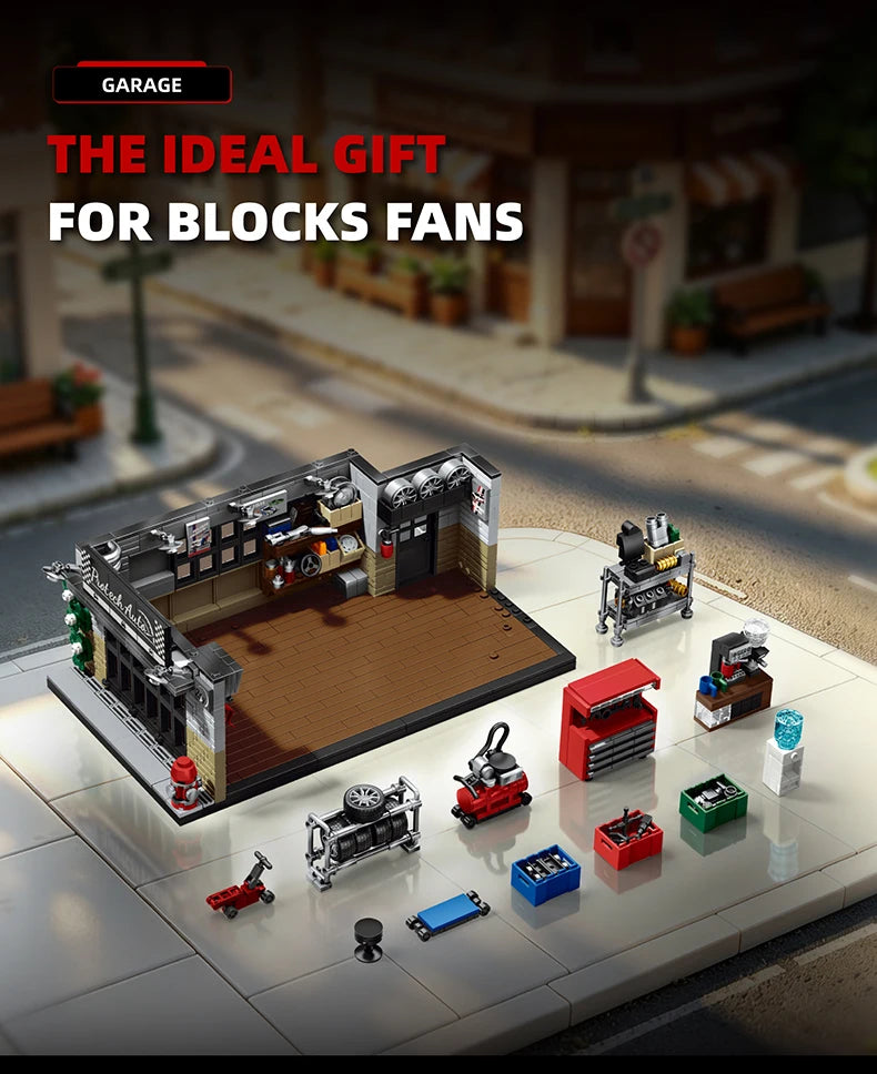 A detailed model of a vintage American garage building blocks set featuring various accessories and structures.