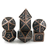 A set of premium metal polyhedral dice featuring a dark bronze finish and multicolor gold accents.