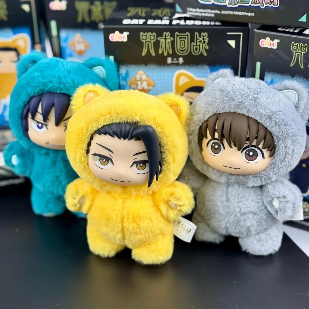 Blind box collectible figures of Jujutsu Kaisen characters Gojo Satoru, Yuji Itadori, and Megumi Fushiguro in cat-themed outf