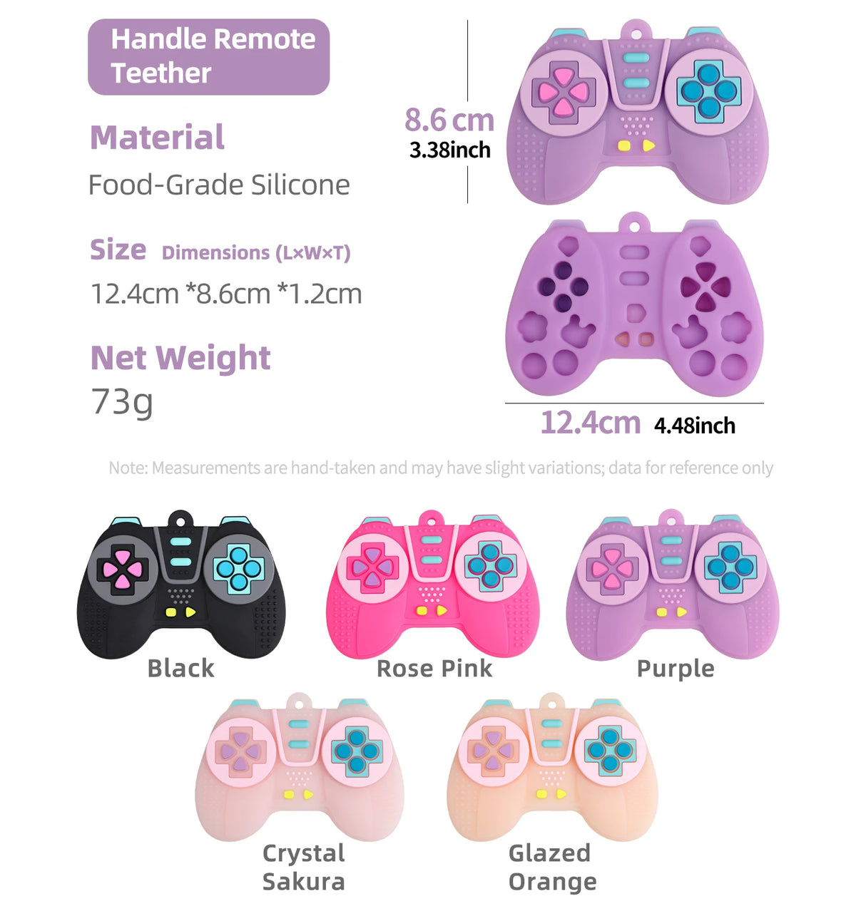 A set of silicone teethers in various colors including black, rose pink, purple, crystal sakura, and glazed orange.