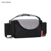 Black and gray stroller cup and bottle holder with a strap