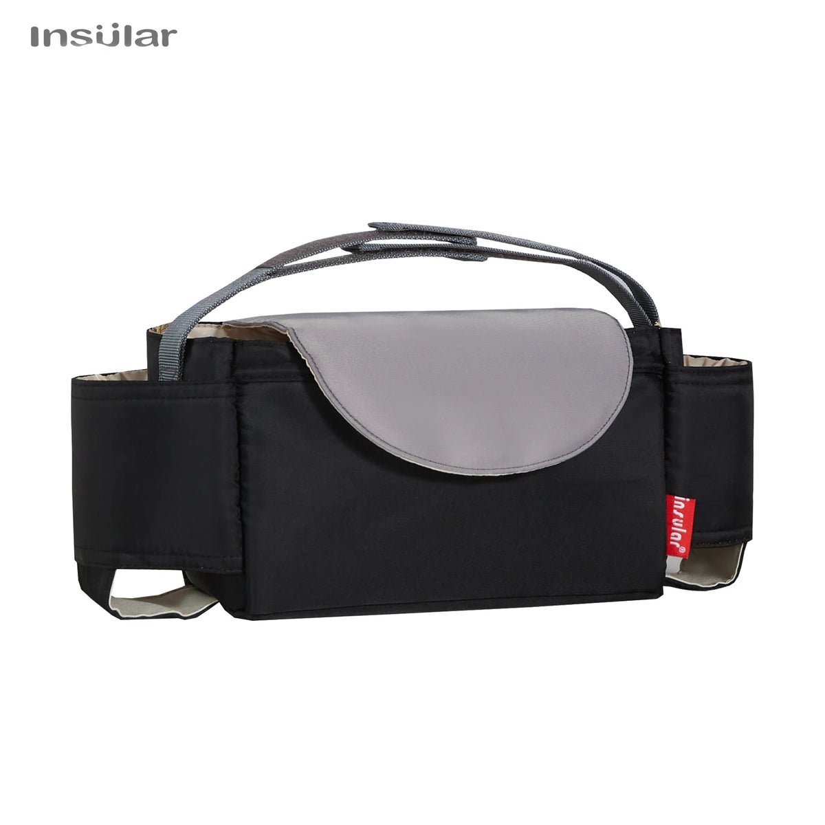 Black and gray stroller cup and bottle holder with a strap