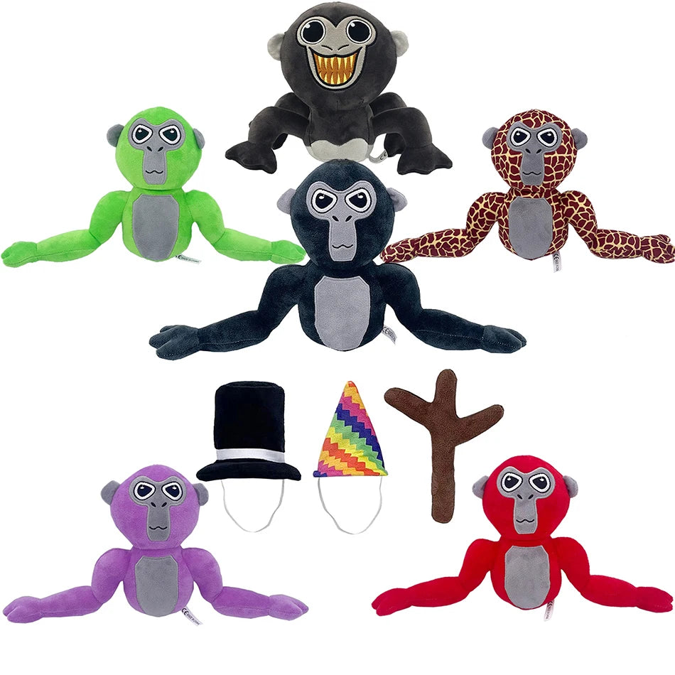 A collection of plush toys depicting various monkey and ape characters from Gorilla Tag.