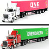 Diecast truck model of a red shipping container on a flatbed trailer.