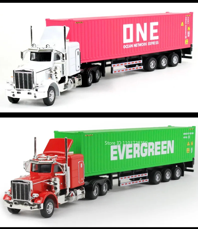 Diecast truck model of a red shipping container on a flatbed trailer.