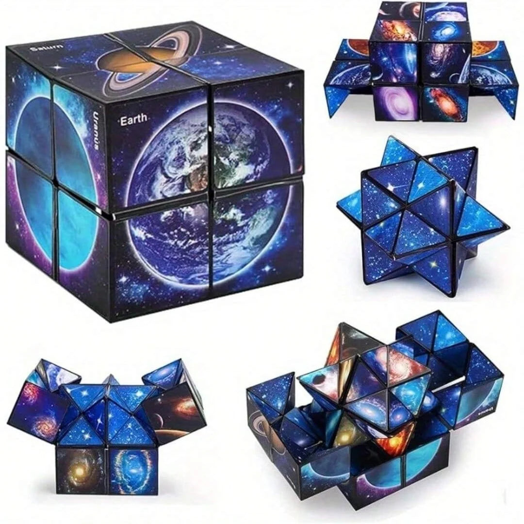 A set of star-themed transforming cube puzzles featuring planets like Saturn and Earth.