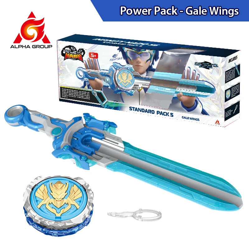 A blue and silver toy sword launcher with gale wings and a metal spinning top included.
