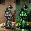 A spooky Halloween castle kit made of building blocks shown in light-off and light-on effects.