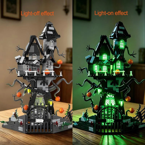 A spooky Halloween castle kit made of building blocks shown in light-off and light-on effects.