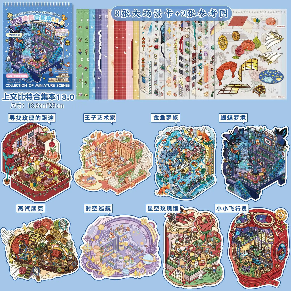 A collection of 13.0 miniature scenes stickers featuring various cartoon and fantasy settings.