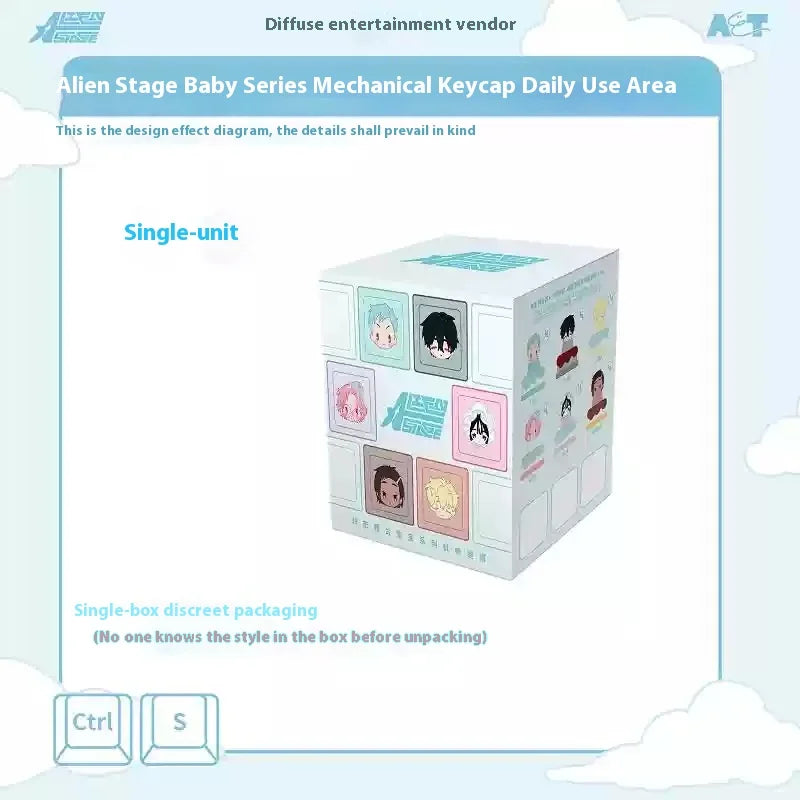 A box containing several mechanical keycaps from the Alien Stage Baby Series collectible set.