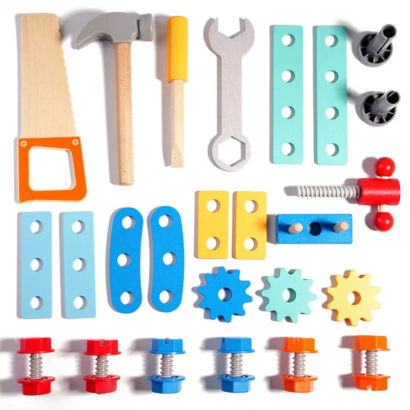 A collection of wooden tools and shapes including a hammer, screwdriver, wrench, and various matching blocks and fasteners.