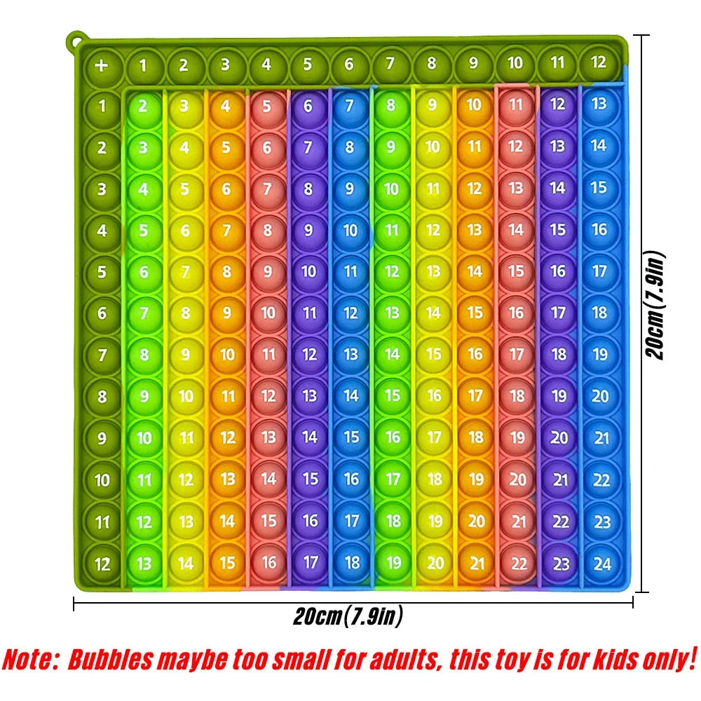 A colorful grid of 24 silicone bubbles for kids to use as a fidget toy