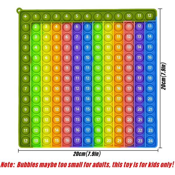 A colorful grid of 24 silicone bubbles for kids to use as a fidget toy
