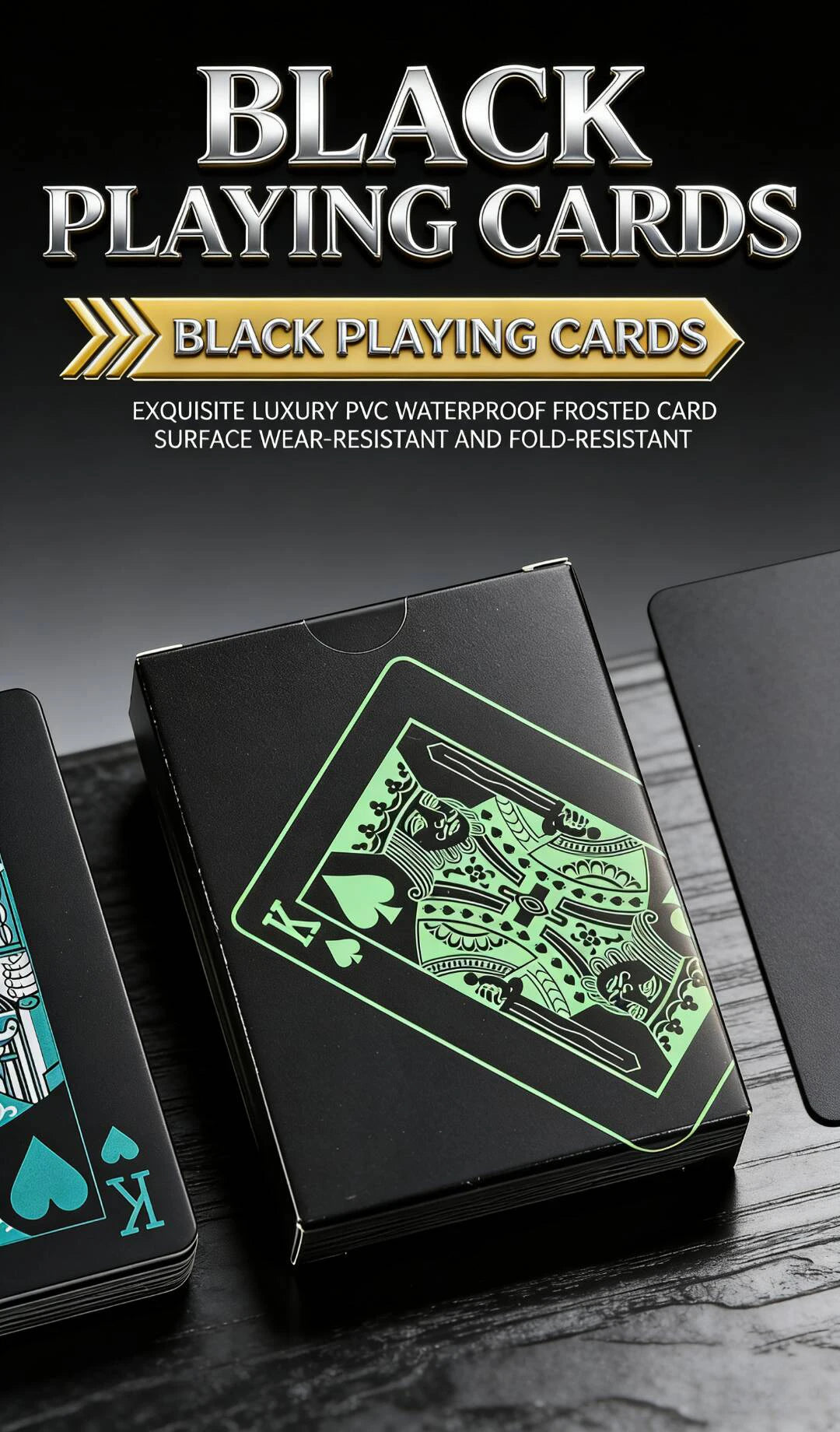 A black box of playing cards featuring a green design is displayed on a dark surface.
