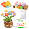 A DIY crochet kit for a potted plant featuring yarn balls, flowers, and tools.