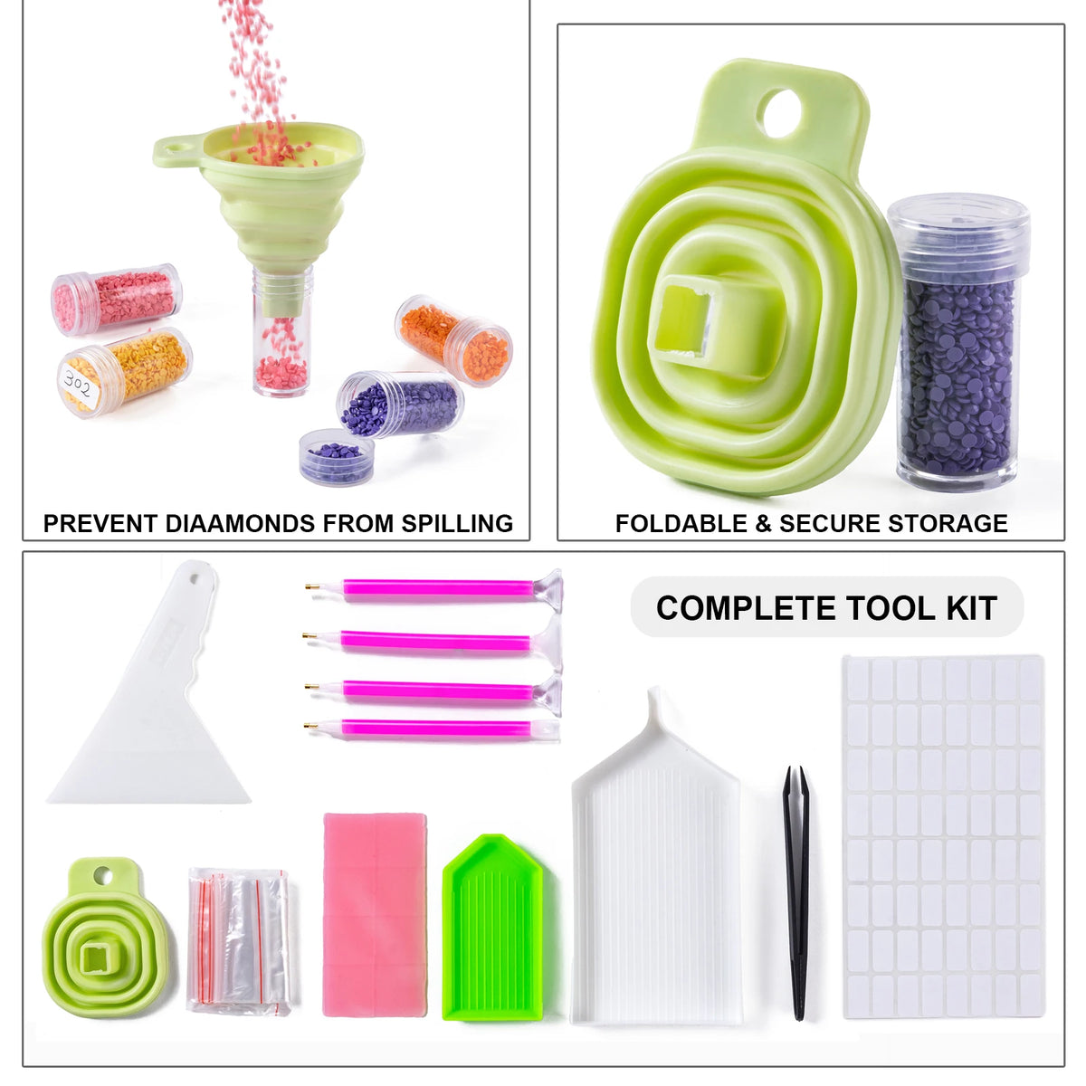 A complete tool kit for diamond art including storage containers, organizer trays, and various tools.