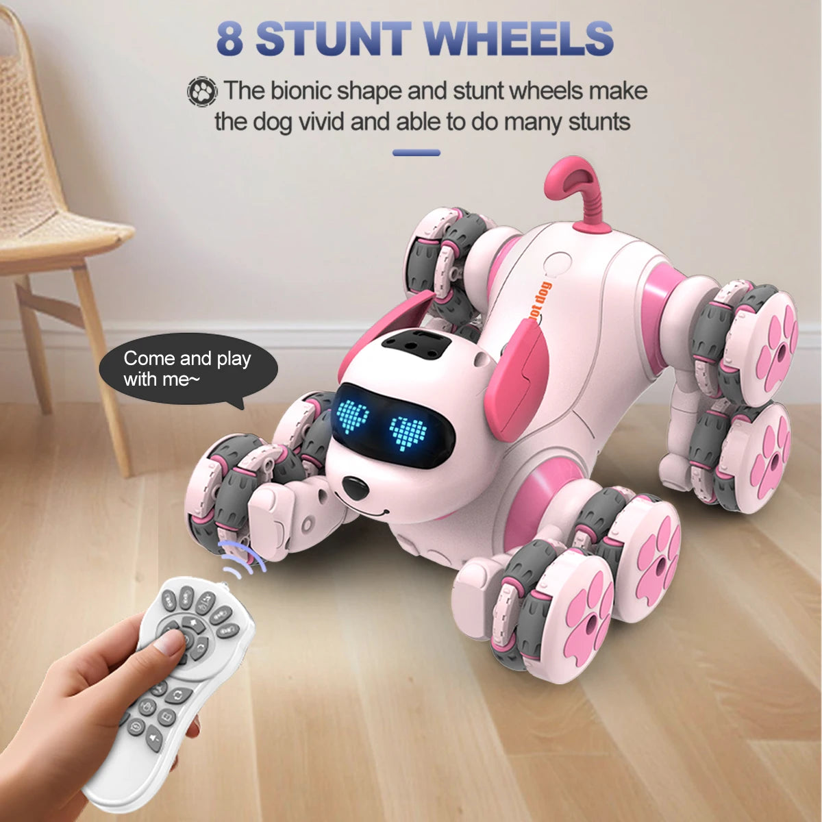 A pink remote control stunt robot dog with 8 wheels is shown being operated by a hand.
