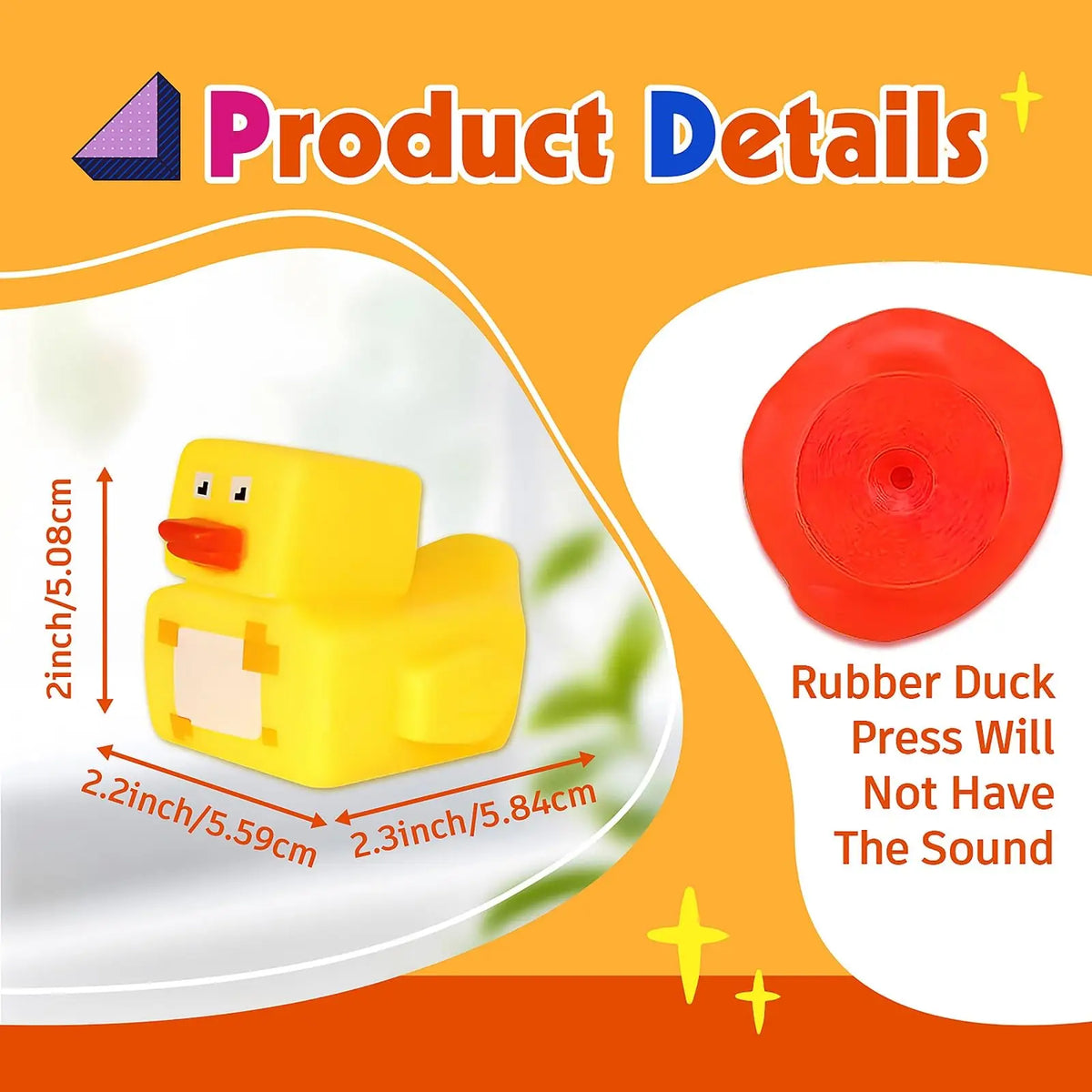 A yellow rubber duck toy is shown next to text detailing product information and a note that the press will not have sound.