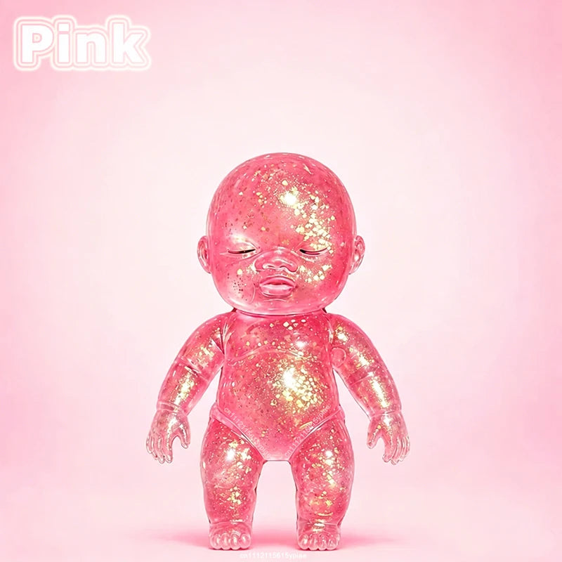 A pink, glittery squishy baby stress relief toy with a slow-rising sensory feature.