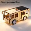 A wooden model kit of a solar-powered bus or vehicle with a black solar panel on the roof.