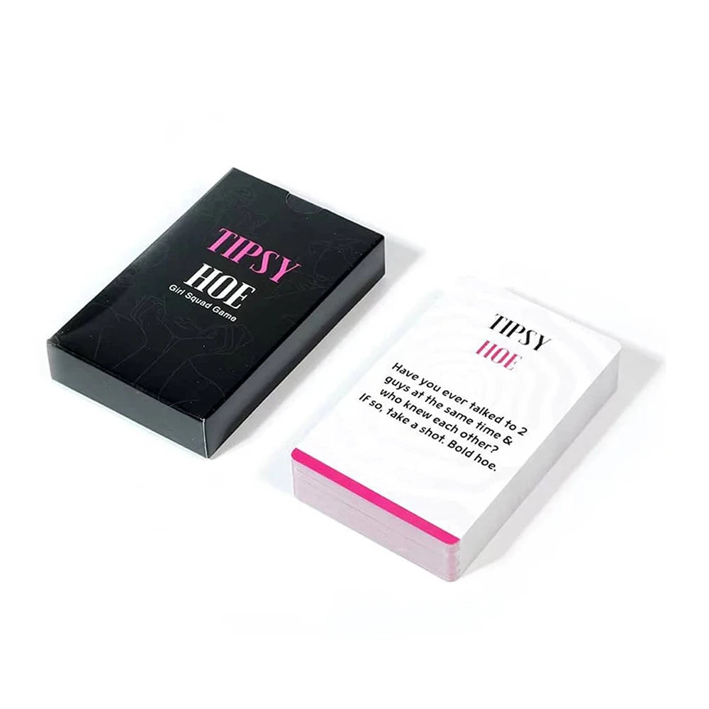 A black box and a white card game titled Tipsy Hoe for girls night drinking.