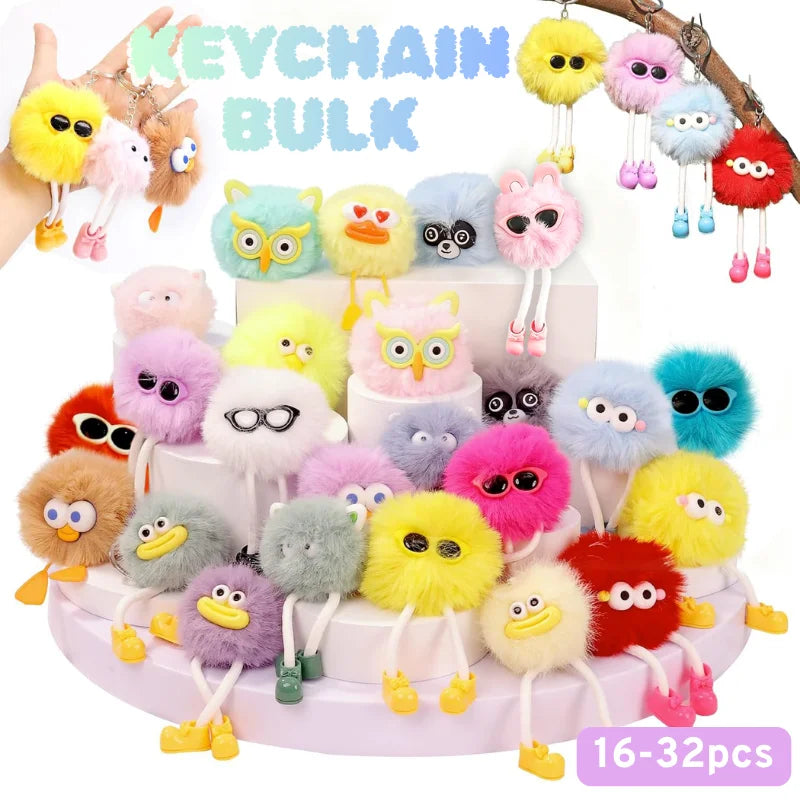 Bulk set of adorable plush animal keychains in various colors and styles for party favors or rewards