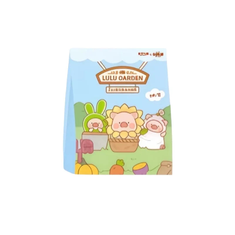 A blind box collectible figurine of Lulu the Piggy in a garden setting with various plants and animals.