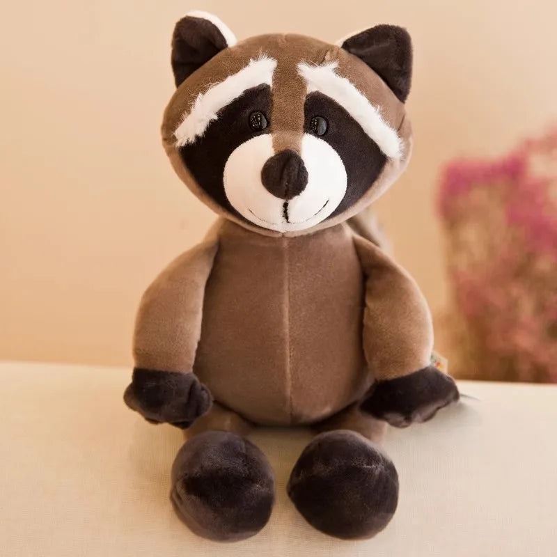 A brown and white panda plush toy with black ears and nose, sitting on a white surface.