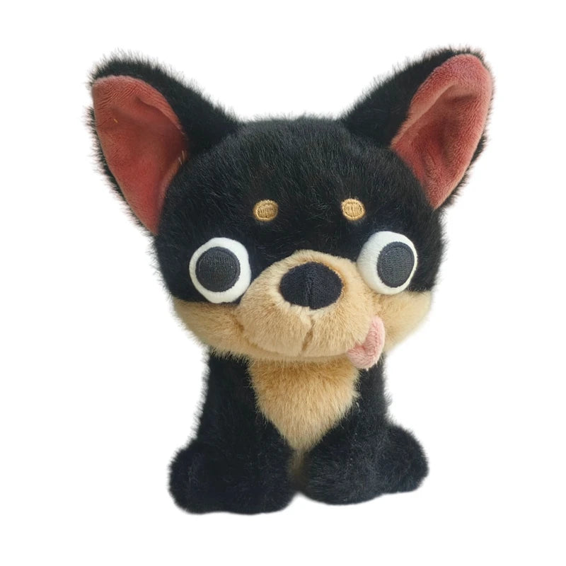 A black and tan Chihuahua plush doll with large eyes and a pink tongue sticking out.
