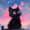 A black cat sits on a cliff overlooking a vibrant pink and blue starry night sky with clouds.