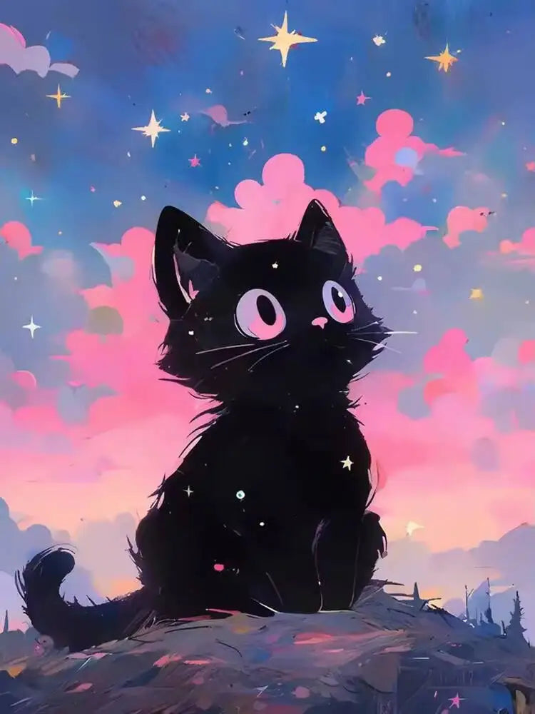A black cat sits on a cliff overlooking a vibrant pink and blue starry night sky with clouds.