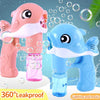 A pink and blue whale bubble gun with a liquid bottle, showing the 360 degree leakproof design for kids.