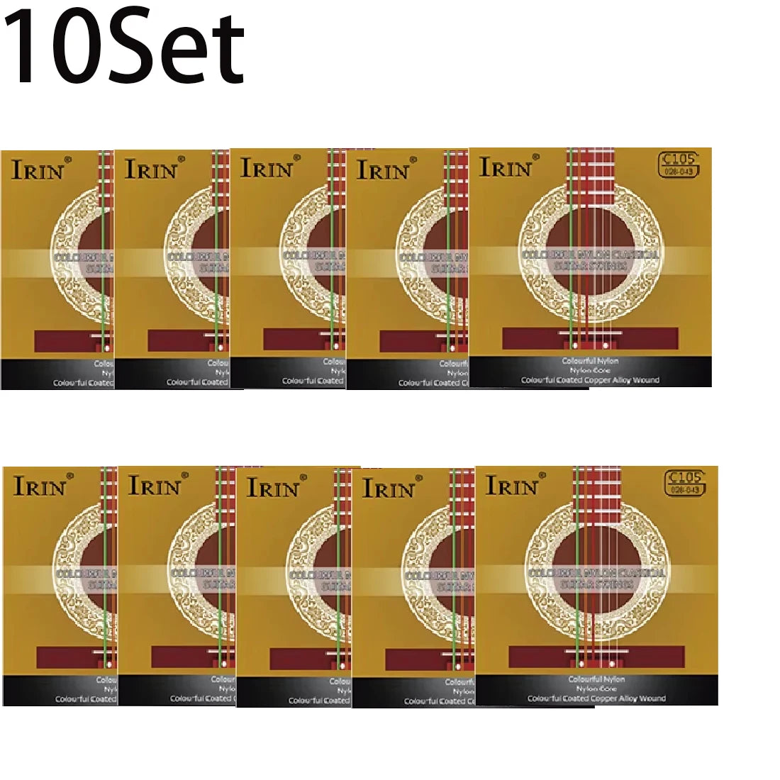 A set of 10 strings for a classical guitar, featuring clear nylon and silver-plated copper wound strings.