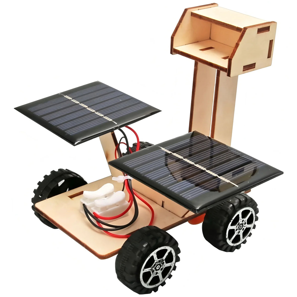 A wooden model kit of a solar-powered lunar rover featuring solar panels and wheels.