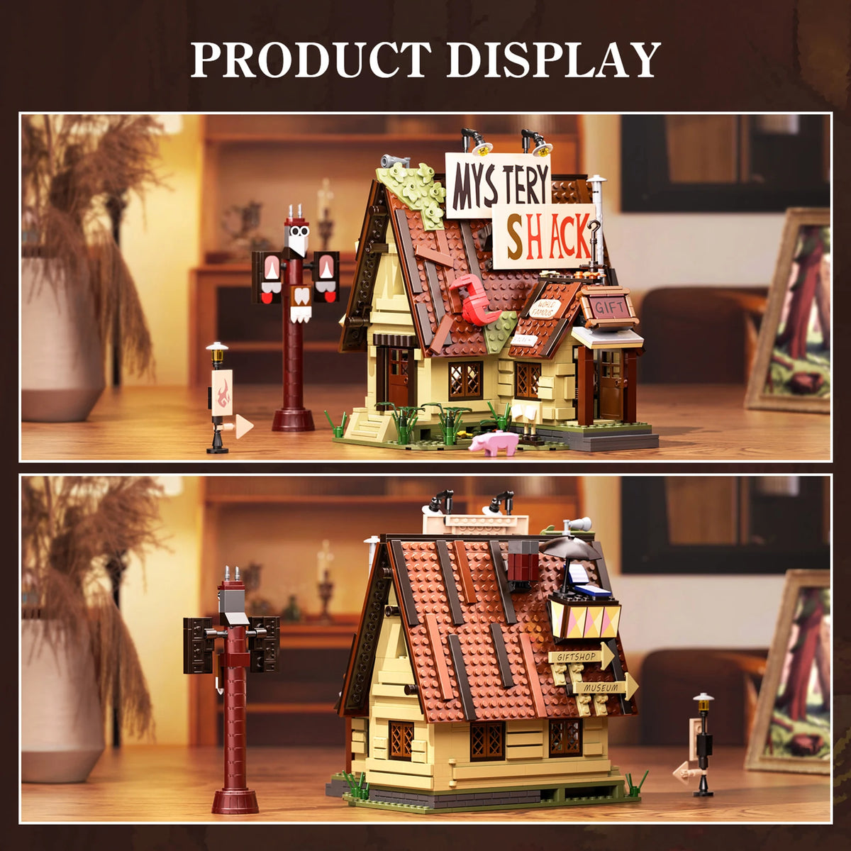 A detailed display of a Mystery Shack building block set featuring a rustic wooden house and surrounding elements.