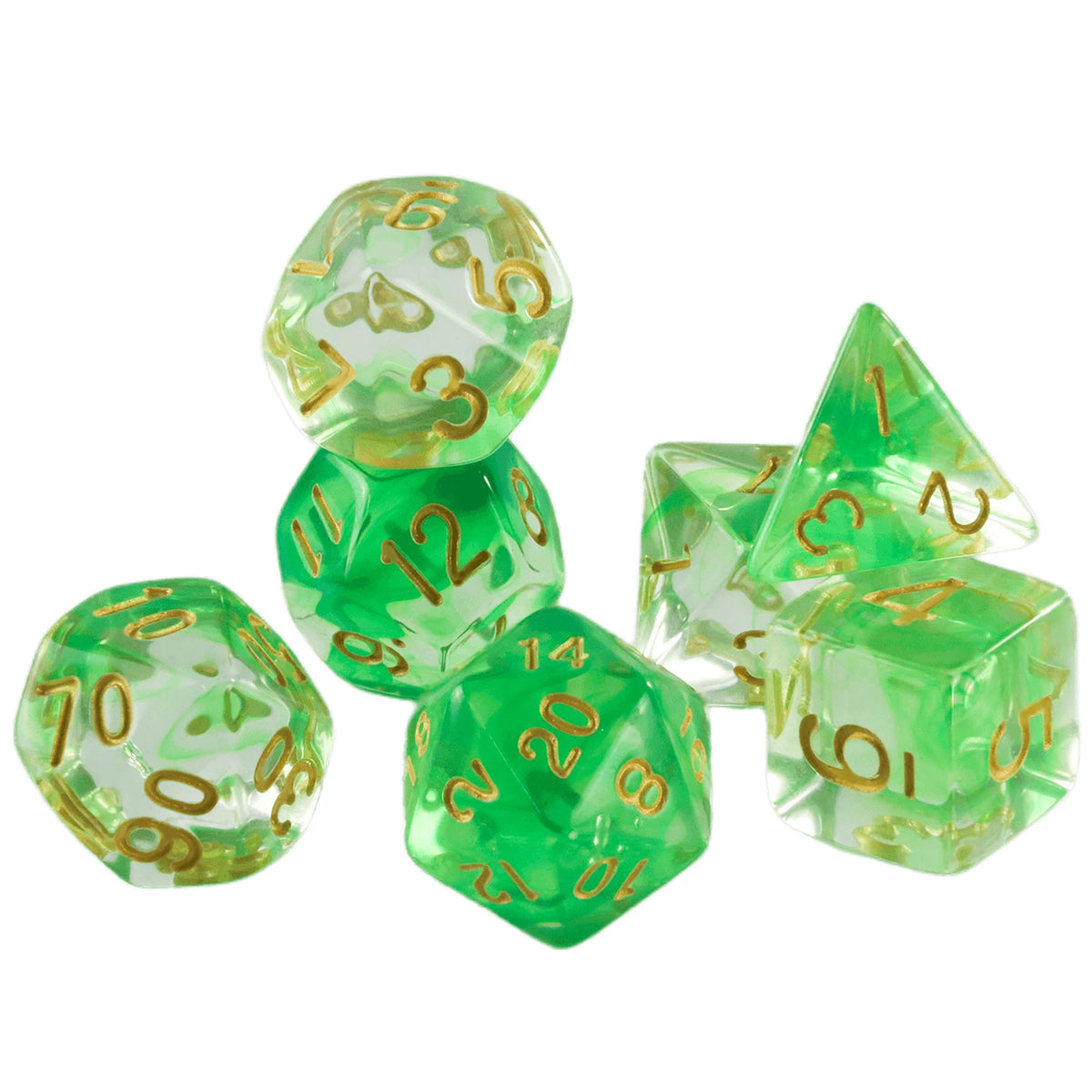 A set of seven translucent green polyhedral dice with a haze swirl effect for role-playing games
