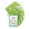 A green fan of flashcards titled Verbs featuring illustrations of dance and other actions.