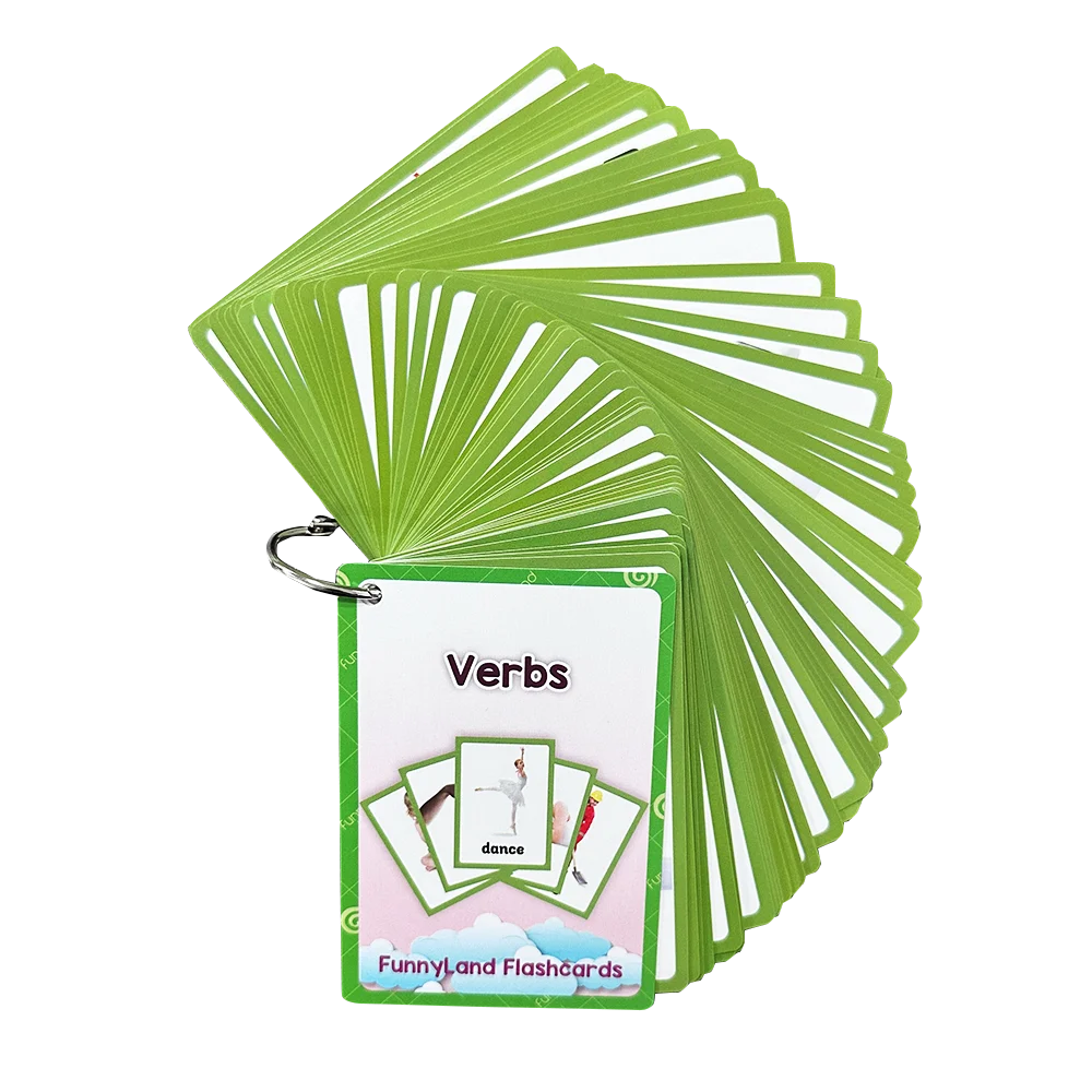 A green fan of flashcards titled Verbs featuring illustrations of dance and other actions.