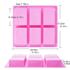 A pink silicone soap mold with six square cavities and a tray for DIY soap making.