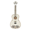 A light-colored wooden miniature guitar model kit with a detailed fretboard and body, featuring decorative elements.