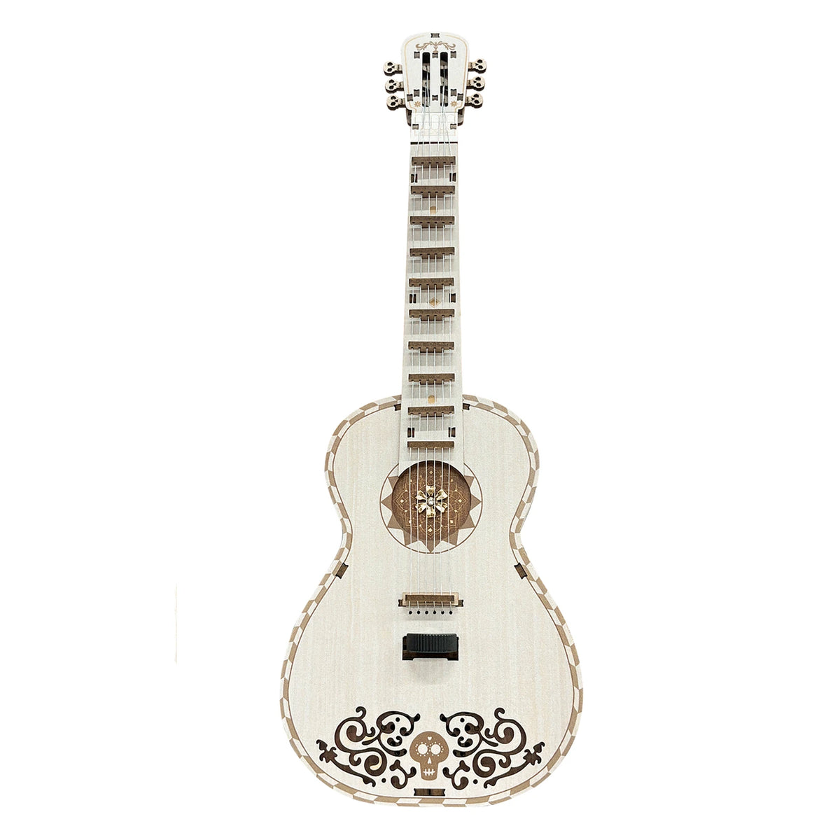 A light-colored wooden miniature guitar model kit with a detailed fretboard and body, featuring decorative elements.