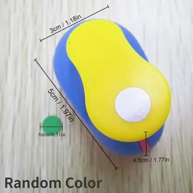 A yellow and blue multi-size paper hole punch with various measurement markings.