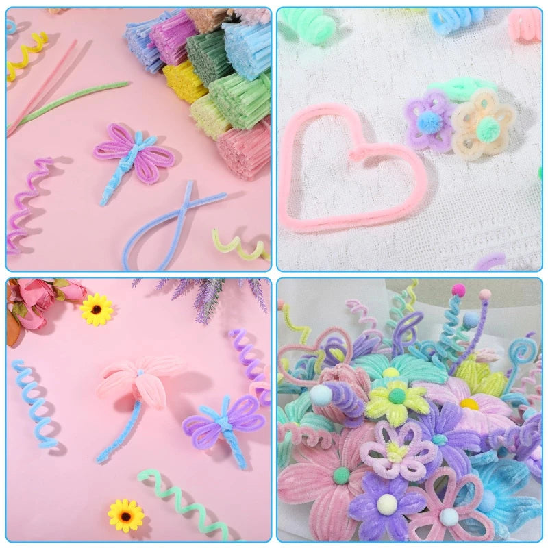 A collection of colorful chenille wire craft sticks, including flowers and hearts, arranged on a pink background.