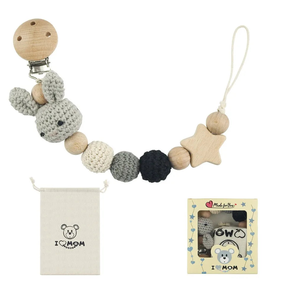 Wooden Baby Pacifier Clip with Crochet Charms