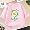 Pink short sleeve t-shirt featuring a cute avocado graphic and the text avocado