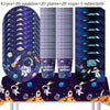 A set of party décor including napkins, plates, cups, a tablecloth, and space-themed balloons and figures.
