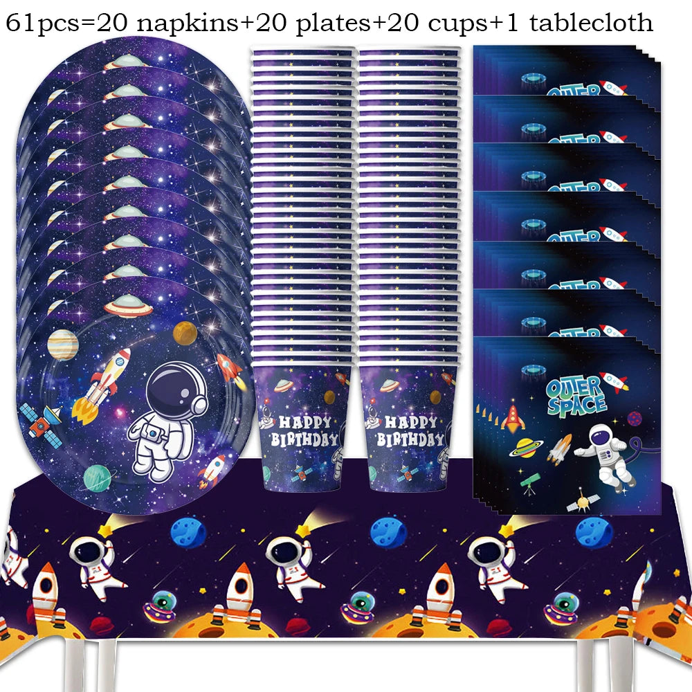 A set of party décor including napkins, plates, cups, a tablecloth, and space-themed balloons and figures.