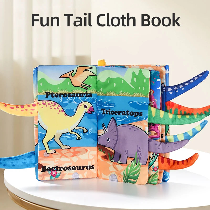 A colorful felt book featuring dinosaurs like a pterosaur, triceratops, and bactrosaurus for babies.