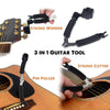 A set of 3-in-1 guitar tools including a string winder, string cutter, and pin puller shown near an acoustic guitar.